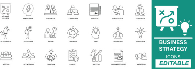 Line icon set featuring business strategy concepts including planning, growth, leadership, performance, and innovation. Ideal for consultants, entrepreneurs, presentations, and corporate use
