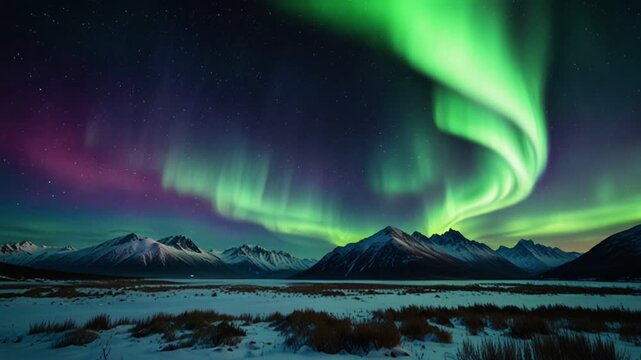 Under a star-studded night sky, a curtain of purplish-green aurora danced over the vast snowy plains, with snow-capped mountain peaks framing the horizon.