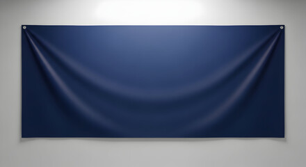 Blank navy blue fabric banner hanging on a plain gray wall suitable for advertising events or promotional displays in commercial settings