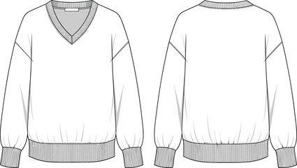 V-neck ribbed hem sweater fashion technical flat sketch front and back view, winter wear cad drawing flat vector illustration © Biplob Creatives