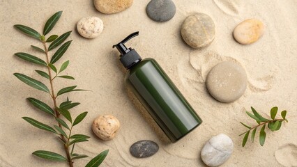 Green Bottle with Pump Dispenser Surrounded by River Stones and Greenery on Beach Sand, Promoting Natural Beauty Products and Spa Aesthetics