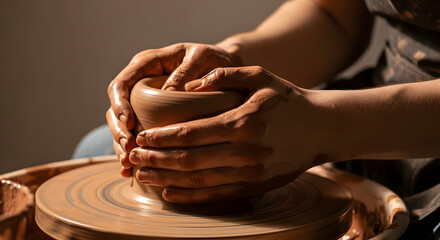 Close-up of a person shaping a clay pot on a pottery wheel in a studio with warm lighting and detailed focus on hands craftsmanship and artistic creation process