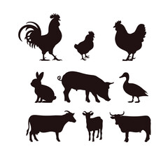 Fototapeta premium Farm animals silhouette set, isolated white background,
