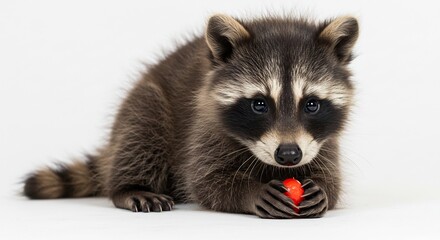 Obraz premium 愛らしい子アライグマ 柔らかな光の中で赤玉を優しく持つ. AI Generated