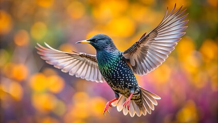 Obraz premium European Starling Flying with Spread Wings and Colorful Blurred Background