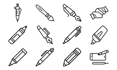 Line Art Icons of Writing and Drawing Tools Including Pens, Pencils, Markers, Paint Brushes, Fountain Pens, and Erasers for Stationery and Creative Design