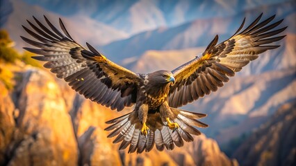Fototapeta premium Golden Eagle Flying with Spread Wings and Colorful Blurred Background
