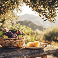 Ripe peaches in a basket on a wooden table in an olive grove.