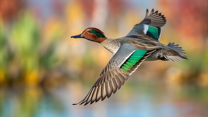 Green Winged Teal Flying with Spread Wings and Colorful Blurred Background
