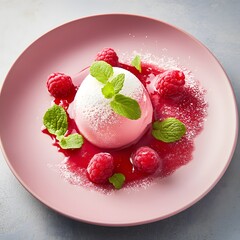 Ice cream with fresh raspberries and mint on pink plate. top view.