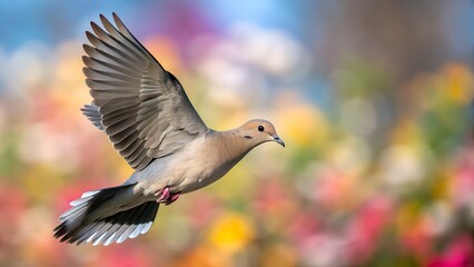 Mourning Dove Flying with Spread Wings and Colorful Blurred Background