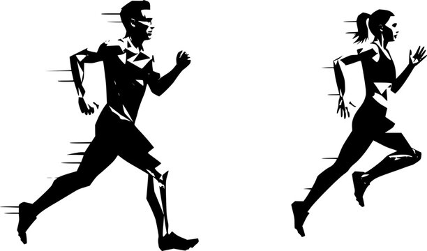 set of Run, running people - man and woman, low poly isolated vector sports illustration, side view. Track and field athletes. on white background