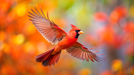Fototapeta premium Northern Cardinal Flying with Spread Wings and Colorful Blurred Background