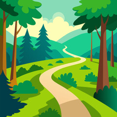 Obraz premium A winding path cutting through a vibrant green forest, with towering trees, lush vegetation, and a peaceful natural vector landscape background.