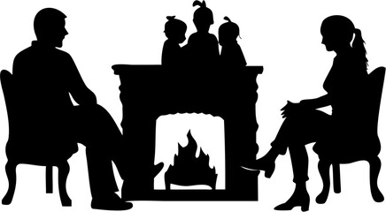 Silhouette of a family sitting near a fireplace with children on top of the mantle piece design