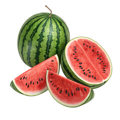 Whole, half, and sliced watermelon with seeds, juicy texture, isolated on transparent background.