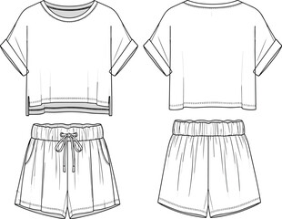 Women’s casual summer co-ord set, crop top and shorts, rolled sleeve detail, cad drawing, flat sketch, vector illustration