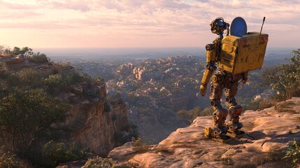 Obraz premium Futuristic Robot Explorer with Satellite Dish Backpack on Cliff, Observing Hybrid Digital and Natural Terrain, AI Survivalist Theme