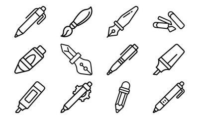 Line Art Icons of Writing and Drawing Tools Including Pens, Pencils, Markers, Paint Brushes, Fountain Pens, and Erasers for Stationery and Creative Design