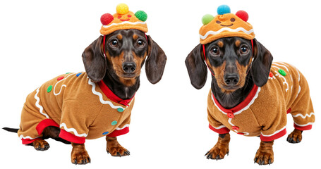 two adorable dachshund dogs wearing cute gingerbread christmas costumes