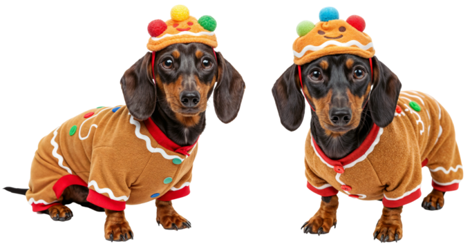 two adorable dachshund dogs wearing cute gingerbread christmas costumes