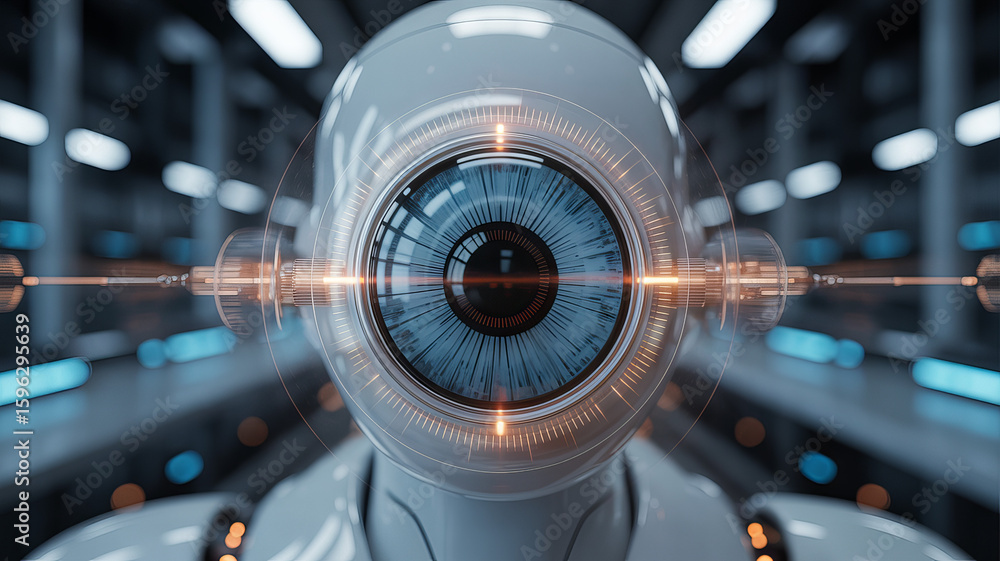 Poster cybernetic gaze: a striking close-up of a futuristic robotic eye, its intricate design and piercing 