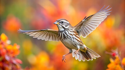 Obraz premium Song Sparrow Flying with Spread Wings and Colorful Blurred Background