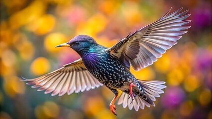 Obraz premium Starling Flying with Spread Wings and Colorful Blurred Background