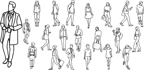 Detailed Black and White Line Art of Diverse Adults Walking, Standing, and Using Phones