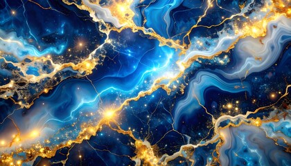 Abstract cosmic-style artwork featuring swirling blues and whites interwoven with bright gold lightning accents