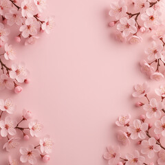 Fototapeta premium Cherry blossom branches with soft pink flowers on pastel background creating a romantic spring floral frame 