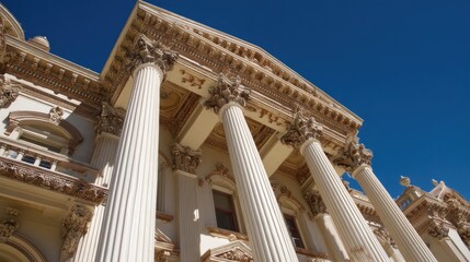 Ornate columns of a grand building against a clear blue sky.