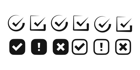 Check tick mark icon set. Cross box x check mark checkbox v list vector draw hand drawn sketch doodle brush marker checklist symbol wrong right circle. Vector Illustration