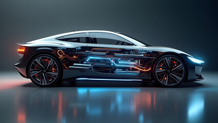 A sleek, black sports car is depicted in a three-quarter profile view, positioned slightly to the left of the frame