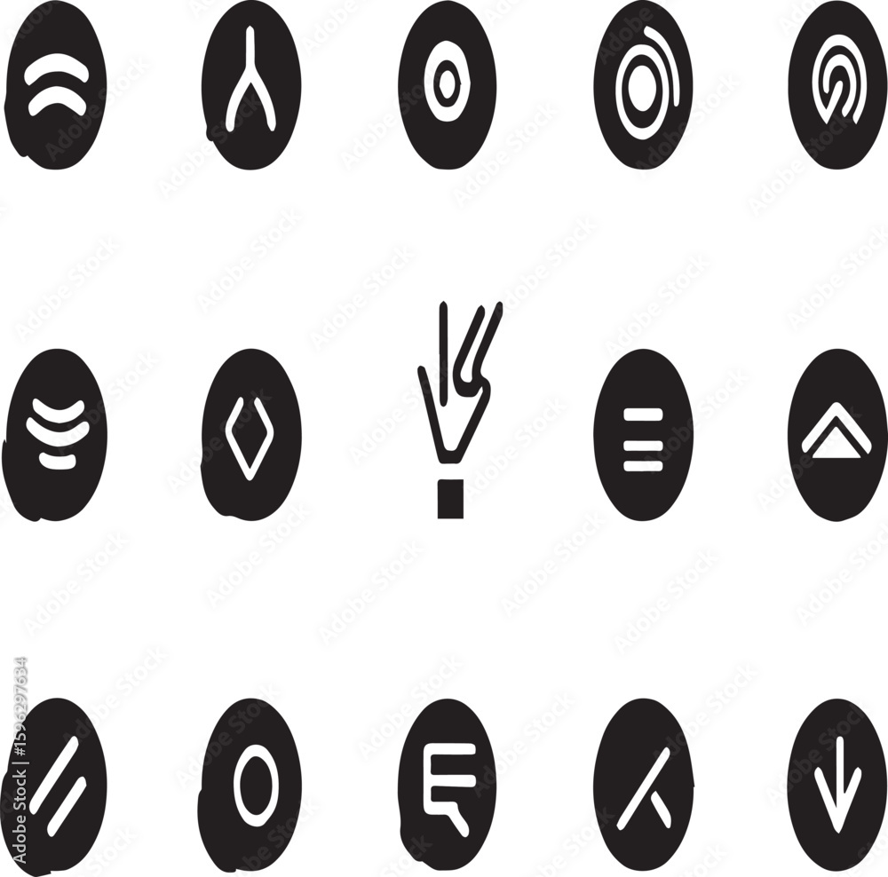 Poster collection of black circular icons with white symbols arranged on a white background in a pattern