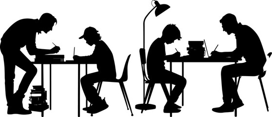 Students and Tutor Studying at Desks Silhouette Set