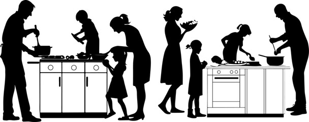 Family Cooking Together Kitchen Activities Silhouette Set