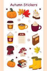 Fall Planner Sticker Set, Cartoon Style, Pumpkins, Leaves, Warm Drinks, Wellingtons, Scarves, Mushrooms, Candles, Books