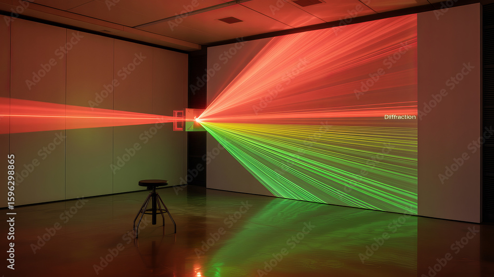 Poster artistic laser light display: a mesmerizing display of red and green laser beams converge and diverg