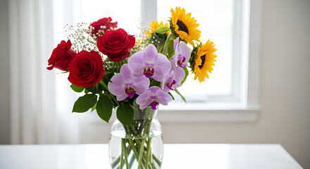 Beautiful bouquet of red roses, yellow sunflowers, and light purple orchids arranged in a glass vase on a white table against a window backdrop.