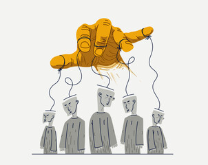 Hand of a toxic manipulator controls his victims, social zombies concept, social manipulations dictatorship and control, cultural code, vector illustration of psychological manipulation.