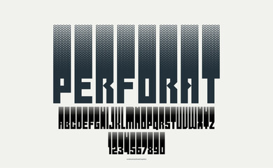 Halftone dotted futuristic cyberpunk font for logos and posters, vector brutal industrial typeface alphabet letters and numbers, urban technic future typography.