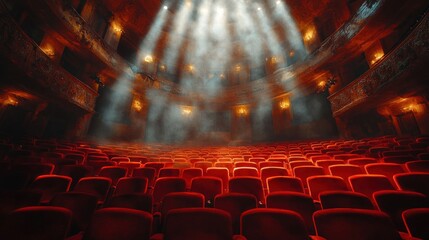 Empty theater auditorium with red seats and dramatic lighting