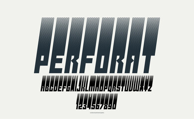 Halftone dotted futuristic cyberpunk font for logos and posters, vector brutal industrial typeface alphabet letters and numbers, urban technic future typography, italic version.