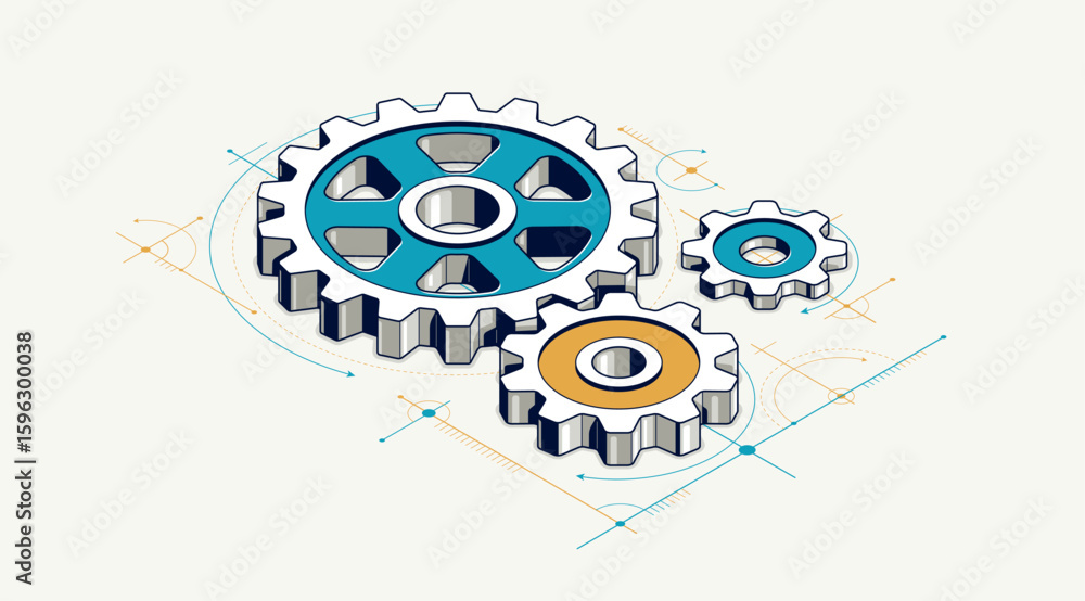 Poster mechanical engineering concept, gears and cogs with project drawing draft isometric 3d vector illust