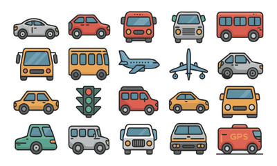 Flat-Style Transportation Icons – Modern Vector Set with Consistent Proportions & Color Scheme 