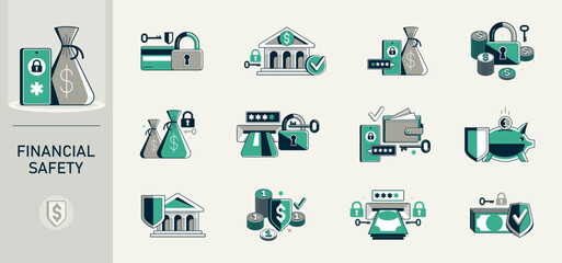 Safety of finances vector detailed icons set, financial risk, secured savings, protected bank account, insurance and privacy protection.
