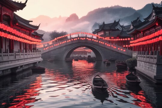 Captivating scene of ancient architecture adorned with vibrant lanterns along the canal