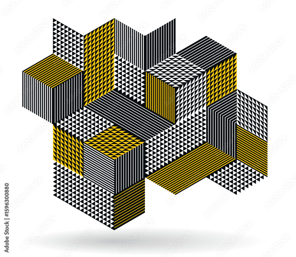 Poster black and yellow geometric vector abstract background with cubes and shapes, isometric 3d abstractio