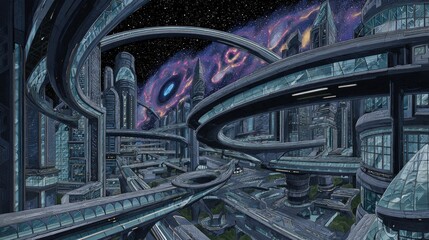 Futuristic Night Space Cityscape With Elevated Highways